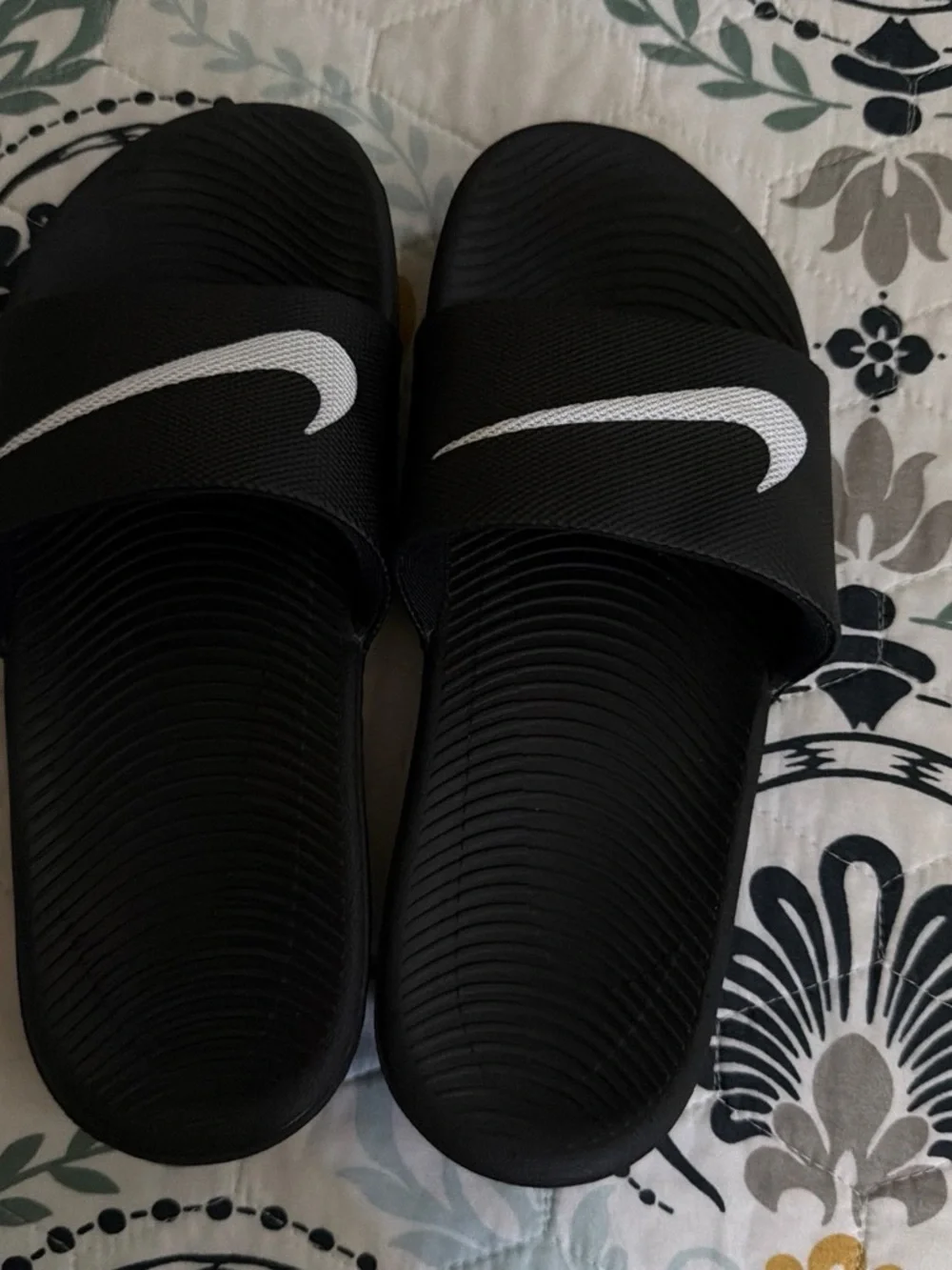 Nike Black Slides with White Swoosh Strap
